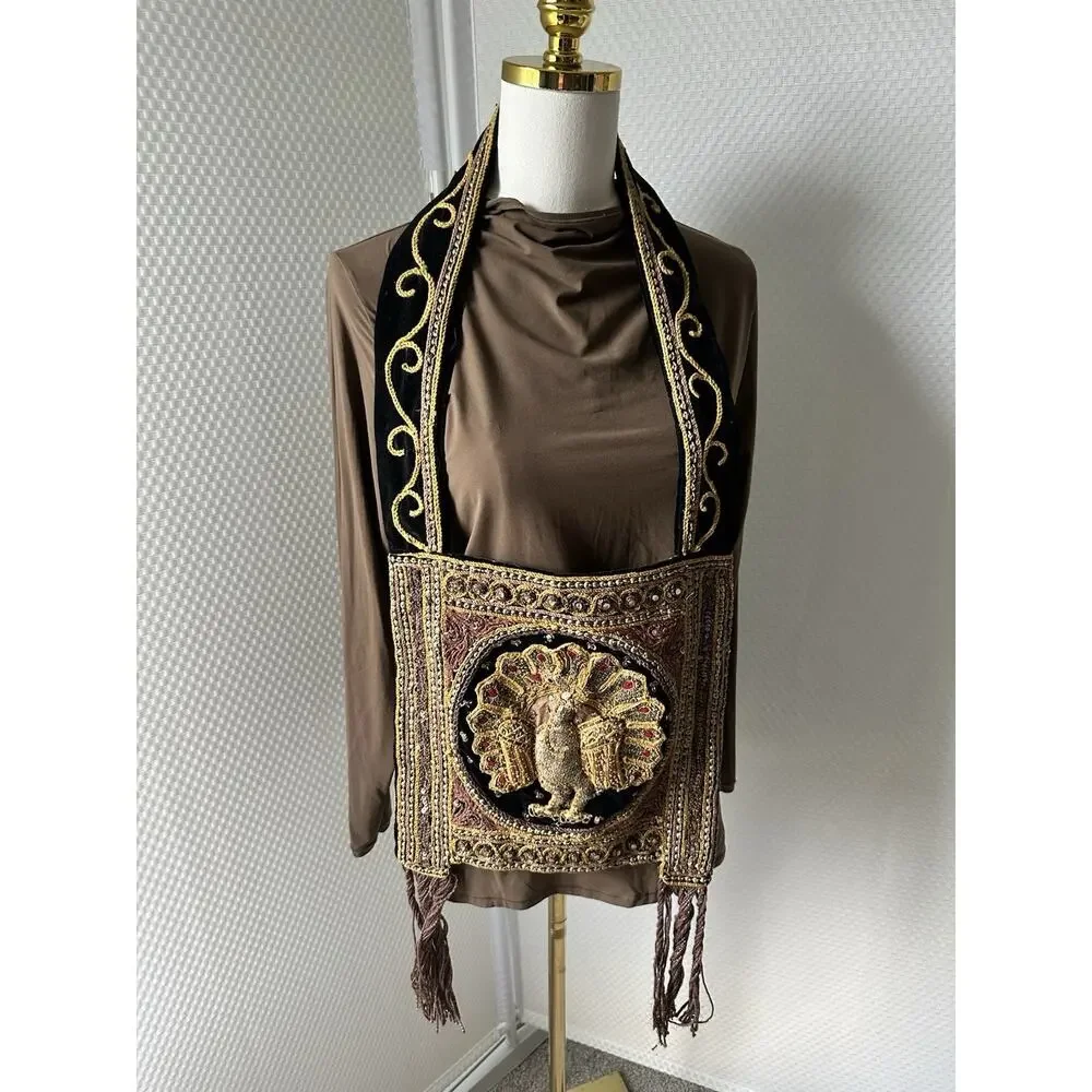 VTG 1970s Handmade Sequin & Beaded Thai Burmese Tapestry Hobo Peacock Kalaga Bag